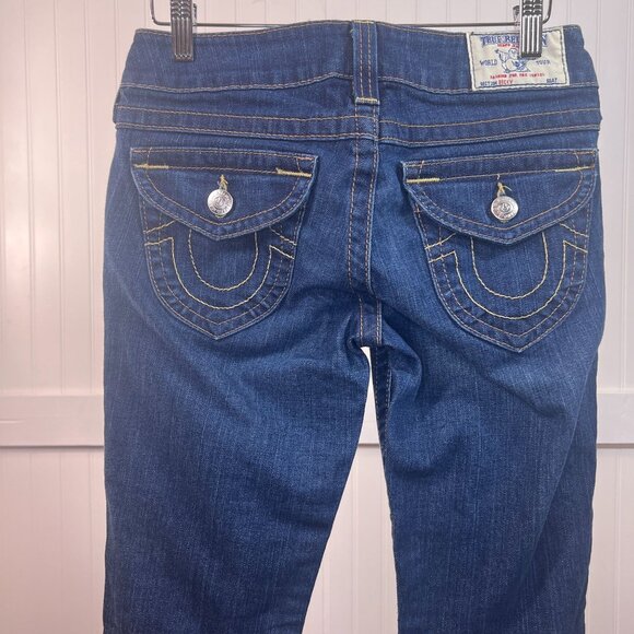 True Religion Women's Dark Wash Flare Leg Low Rise Jeans Size 26 Twisted Seam - Picture 1 of 9